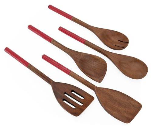 Chef Pomodoro Cooking Wooden Utensils, Spoons, Spatula for Kitchen, 5-Piece Set, 12 (30 cm) Long, Non Stick Cookware Tools or Utensils Includes Wooden Spoon, Spatula, Fork, Slotted Turner (Red)