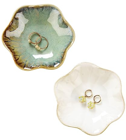 Porta anelli a forma di foglia di loto, vassoio portagioie in ceramica per collane e orecchini, regalo per mamma, amica, sorella, gioielli NON inclusi, bianco e verde cristallo, confezione da 2