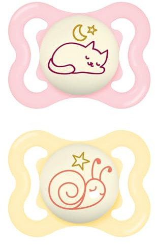 MAM Supreme Night Schnuller im 2er-Set, leuchtender Babyschnuller für eine gesunde Zahn- und Kieferentwicklung, beugt Hautreizungen vor, mit Schnullerbox, 0-6 Monate, Katze/Schnecke