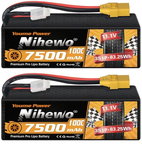 Nihewo 3S Lipo Battery, 2Packs RC Battery 11.1V 7500mAh 100C 3S Lipo Hard Case XT90 Connector Compatible with Arrma Axial Losi 1/8 1/10 RC Car Truck Truggy Vehicles Tank Boat Airplane Models