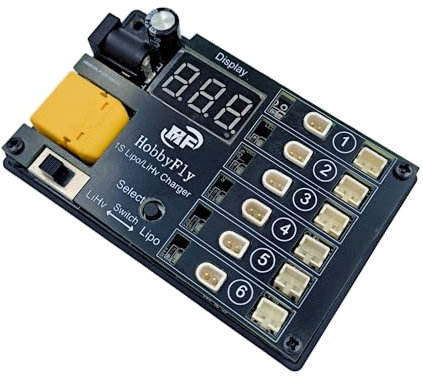 HOBBYFLY 1S 3.7V/4.20V LiPo Battery Charger Board 6 Ports 3.8V/4.35V 1S LiHV Charger for 1S RC Drone Quadcopter Lipo Battery with BT2.0/PH2.0 Connector with Low Voltage Input Protection