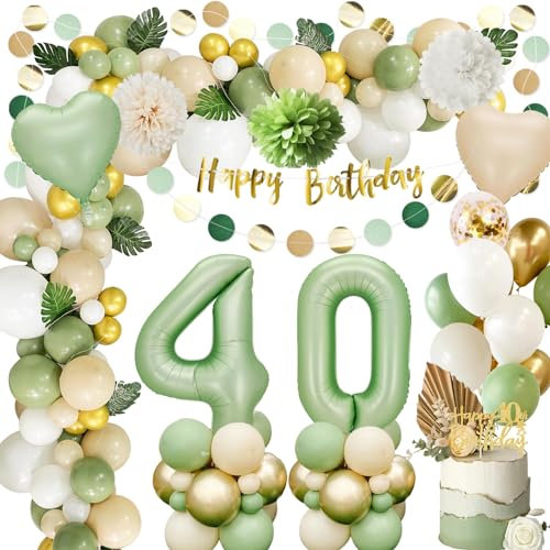 Deko 40.geburtstag Frau,40.Geburtstag Männer Frauen,Luftballon 40.Geburtstag Grün Gold,Geburtstag 40 Deko,Geburtstagsdeko 40 mit Happy Birthday Banner,Papier Pompom für 40.Geburtstag Dekorationen
