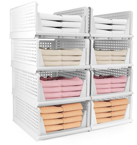 Diealles Shine Stapelbare Schubladenboxen, 8 Stück Kleiderschrank Organizer Ausziehbar, Plastik Schubladeneinsatz Kleiderschrank, Faltbare Schrank Schubladen Für Kleidung Schrank Speisekammer(Weiß)