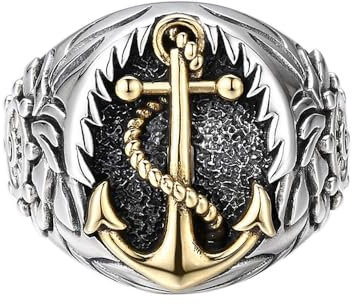 Zweifarbiger 925 Sterling Silber Boot Anker Ring mit Steuerrad für Herren Jungen Offen Verstellbar