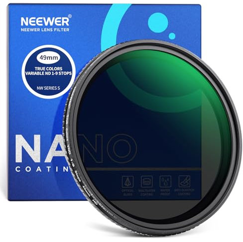 NEEWER 49mm Filtro ND2-400 Variabile True Color, Filtro ND Variabile a Densità Neutra Regolabile con Arresti Duri con Vetro Ottico HD Multistrato/Telaio Alluminio/Idrorepellente/Resistente ai Graffi
