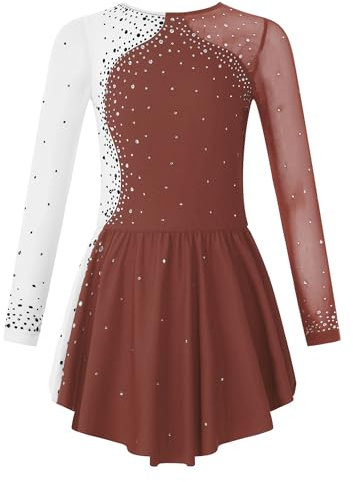 Miutii Mädchen Eiskunstlauf Kleid Glitzer Eislaufkleid mit Strass Langarm Ballettkleid Tanzkleid Ballett Trikot Leotard Wettbewerb Tanzkostüm Braun 134-140