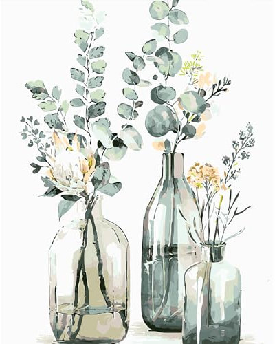 DAERLE Peinture par Numéros pour Adulte Fleur aquarelle, Kits de Peinture au Numéro Vase Plante Avec Pinceaux Peinture de Dessin de Pigment Acrylique, Vloisirs Créatifs Adultes 30x40cm