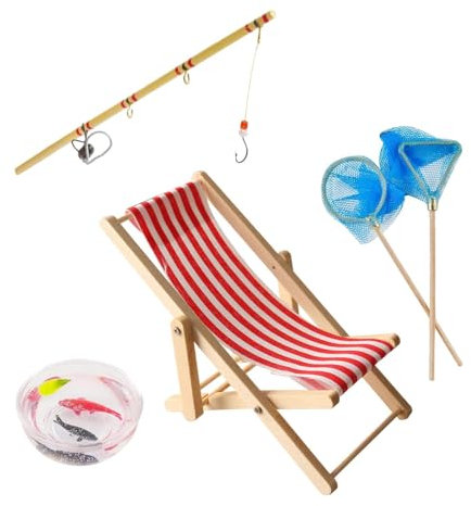 Miniatur Angelrute Set Angelstuhl Fischernetz Strohhut Fischschale, Puppenhaus Dekoration, Aufwändige Miniatur Ornamente, Interessante Miniaturen, Miniatur Ornament Sets für Jungen und Mädchen