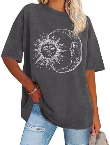 florynova Womens Tops Summer Oversized Tshirt Crewneck Short Sleeve Casual Blouse(Dark Grey Moon,S