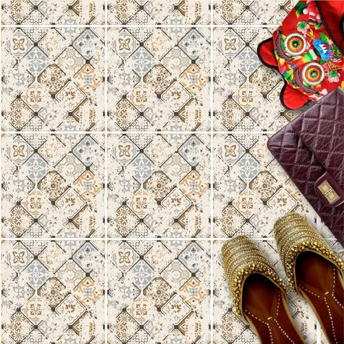 HUBDECO - Fliesenaufkleber - Küche, Badezimmer Deko - Klebefliesen - Bodenfliesen - Klebefolie Küche - Boden Schutzmatte - Selbstklebende Fliesen - 9 Stk. - Boho Grau Braun - 30x30cm