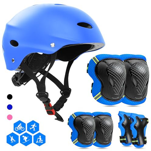 FAYITING Knieschoner Kinder Set 7-in-1, Schoner Inliner Kinder, Knie- und Ellenbogenschützer, Fahrradhelm, Skaterhelm, Skihelm, Protektoren Set Blau S