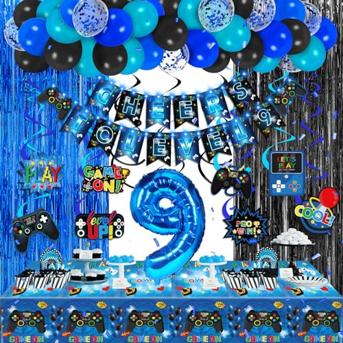 Blue Black Video Game Party Decorations Game Theme Happy Birthday Banner Hanging Swirls Balloons Garland Arch Foil Curtains Backdrops Tablecloth Kit for Kids Game Controller Birthday Supplies Decor