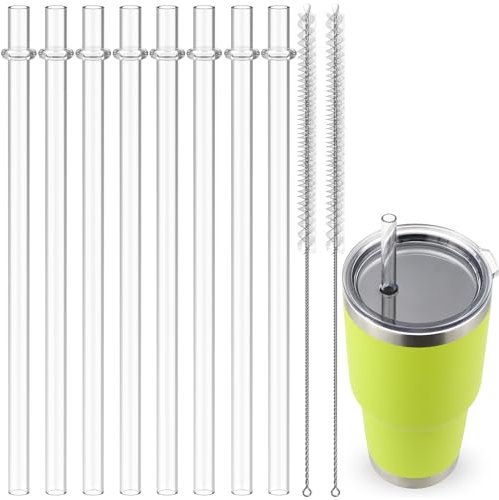 Straws for YETI, 8 pcs 9 inch Reusable Tumbler Plastic Clear Drinking Straws Replacement Set for YETI Straw Lids with 2 Cleaning Brushes