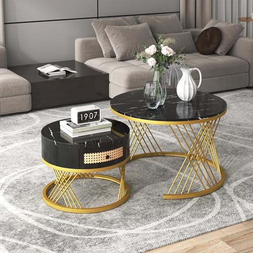 AXUTL 2 in 1 Runder Couchtisch aus MDF, Beistelltisch mit Tischplatte aus Marmor und Schubladen aus Kunststoff-Rattan, Griffe aus Massivholz. goldene Eisenfüße Schwarz