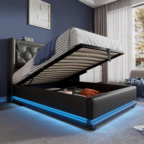 Dolamaní Einzelbetten 90x200 cm Modern mit Stauraum, Boxspringbett mit Bettkasten Polsterbett, Polster Kopfteil, Funktionsbett, Stauraumbett, Schwarz-PU