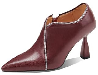 TinaCus Women's Pointed Toe Handmade High Heels V-Shaped Genuine Leather Zip Up Pumps Shoes, Red, 6 UK