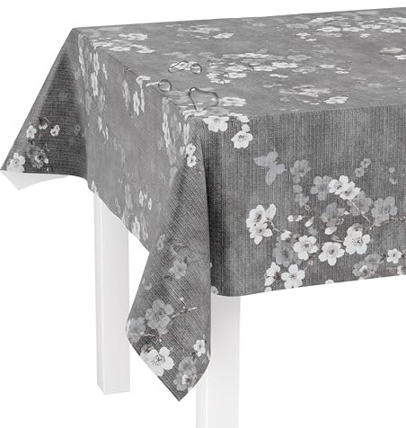 LILENO HOME Tischdecke abwaschbar als Meterware 240x140cm (Schnittkante) in Kirschblüte grau Elegance Motiv - Wachstuchtischdecke wasserabweisend ideal als Tischtuch