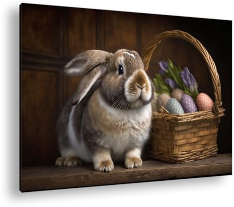 Leinwandbild Kuscheliger Hase, bereit für Ostern, Korb voller Eier. Format: 120x80 cm XXL Kunstdruck Bild auf Keilrahmen/Wandbild/Wohnzimmer Deko
