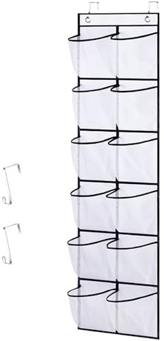SOPSTUO Hanging Shoe Storage, Over Door Shoe Storage, Door Shoe Rack,12 Breathable Mesh Huge Pockets, Shoe Hanging Storage Bag with 2 Metal Hooks for Various Doors