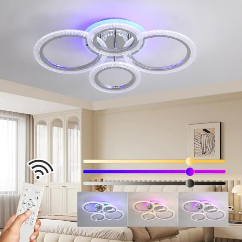 ZAITINZ Deckenlampe Led,50W Wohnzimmerlampe Decke,3000K-6000K Deckenleuchte Dimmbar mit fernbedienung,4 Ringe Led Deckenleuchte,2-lagiges Design Moderne Deckenleuchten,60 * 40CM,Chrom