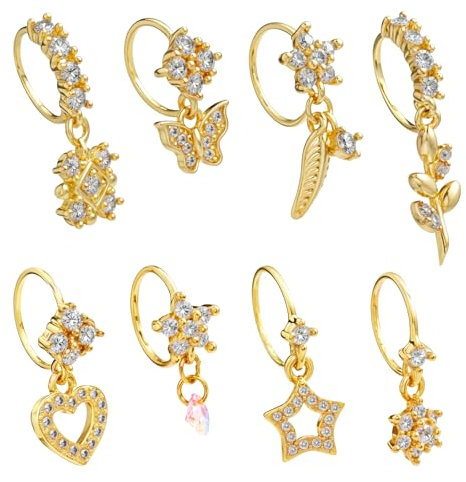 Yolev 8 Stück Nasenring Ring Septum Piercing 20G Gold Nasenring Zirkonia Piercing Nase Ring mit Anhänger Helix Piercings Damen Nasenpiercing mit Schmetterling Herz Stern Mond Anhänger Set