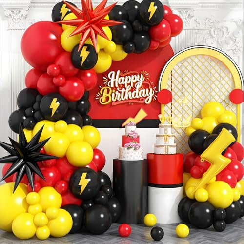 Red Black Yellow Balloon Arch Kit with Star Foil Balloons, Cartoon Monster Balloon Arch with Lightning Printed Balloons, for Boy Girls Cartoon Ball Theme Baby Shower Birthday Party Decorations