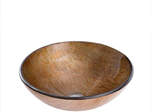 Fregadero de baño con textura de roca de vidrio templado, combo de instalación de encimera, lavabo redondo para baño, lavabo artístico con drenaje emergente, para baño,