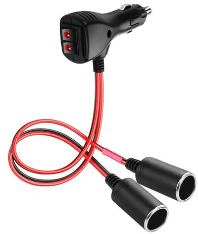 SinLoon Adaptateur répartiteur allume-cigare de voiture 12 V avec 2 interrupteurs indépendants 16 AWG 1 mâle vers 2 prises femelles Câble d'alimentation en Y avec fusible 15 A 0,3 m/1 ft