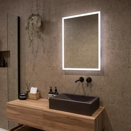Pebble Grey Illuminated Bathroom Mirror with LED Lights 390x500mm IP44 Rated - Frameless Verve Portrait Lithium-Ion Battery Operated Bathroom Mirror,Light Up Wall Mirrors with Rocker Switch,