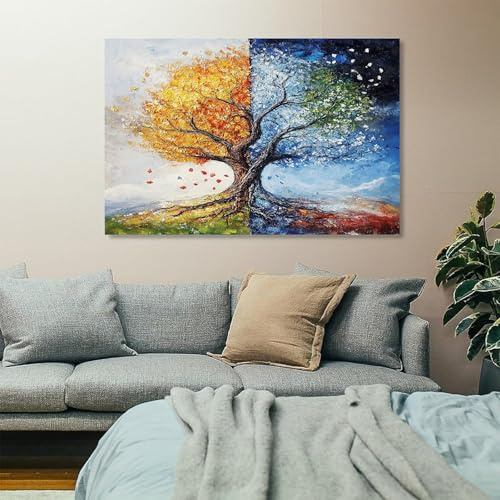 Wandbilder Dekoration Bilder Leinwand 70x140cm Deko Wand Bild Decor Canvas | Wohnzimmer Vier Jahreszeiten Baum rot blau abstrakt auf Leinwandbild Schlafzimmer Küche Kunstdruck Art Groß XXL Wanddeko Wall