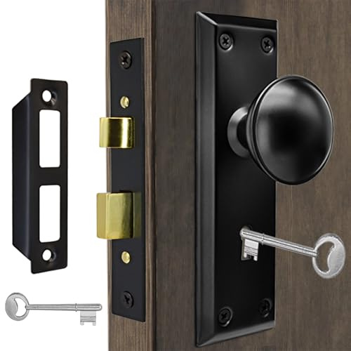Set di pomelli antichi per porte interne con serrature a chiave scheletrata, parti hardware per porte vintage adatte a porte spesse 3-3-1-3/4, ingresso 6,5 cm, chiusura reversibile, nero opaco