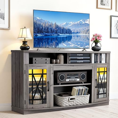 VEVOR Mobiletto Porta TV per Soggiorno Fino a 1651 mm Capacità di Carico di 136,08 kg Tavolo TV in Legno con Barra Luminosa, Ante in Vetro e Ripiani Regolabili, per Soggiorno Camera da Letto, Grigio