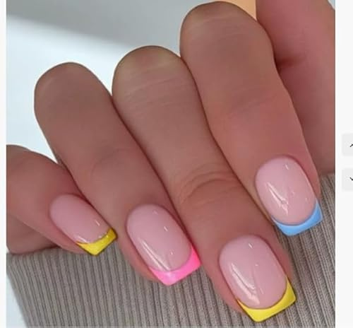 French Tip False Nails - Short Square Press On Nails - Colorful Fake Nails Orange Pink Blue - Natural Classic Coffin False Nails With Glue - Full Cover Acrylic Stick On Nails For Women Daily Wear