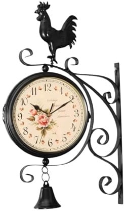 Milageto Doppelseitige Bahnhofsuhr, Vintage-Wanduhr mit Halterung, wasserdichte Gartenuhr für den Außenbereich, Retro-Eisenbahnhofsuhr, 36 cm, große Hängeluhr für den Innen- und Außenbereich, Stil j
