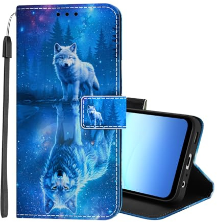 Lonrapa Handyhülle für Samsung Galaxy A17 / A26 5G Hülle Premium Lederhülle Muster Flip Case Tasche Magnet Kartenfach Standfunktion Stoßfest Klapphülle Schutzhülle für Galaxy A17 5G / 4G - Blau Wolf