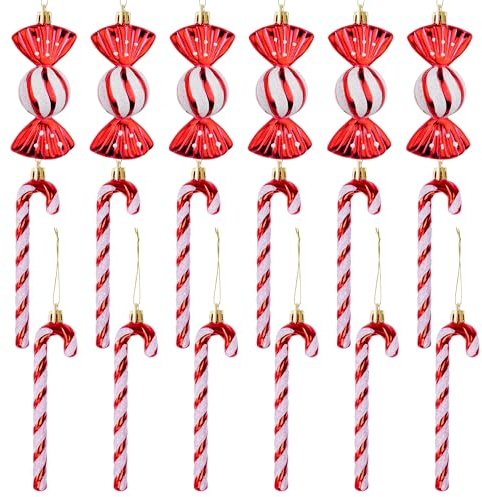 18 bastoncini di zucchero, decorazione natalizia per albero di Natale, bastoncini di zucchero, decorazioni natalizie, colore rosso, bianco, decorazione natalizia