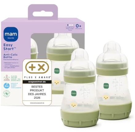 MAM Easy Start Anti-Colic Babyflasche 2x 160 ml, 0+ Monate, Gr. 1, Schaf | Selbst-sterilisierend in der Mikrowelle in 3 Min, Anti-Kolik-Bodenventil, brustähnlicher SkinSoft Sauger, ab Geburt