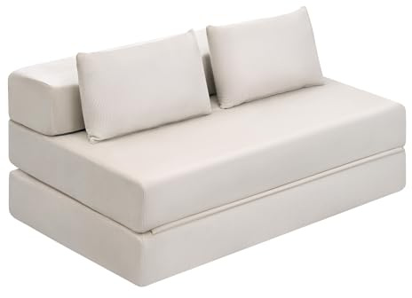 EUGAD Schlafsofa 2-Sitzer, Klappbares Bodensofa mit Kissen, Beige | ergonomischer Schlafsessel klappbar, Matratze und Weicher Cordstoff bezogen, 140 cm, für Wohnzimmer Schlafzimmer Büro Balkon