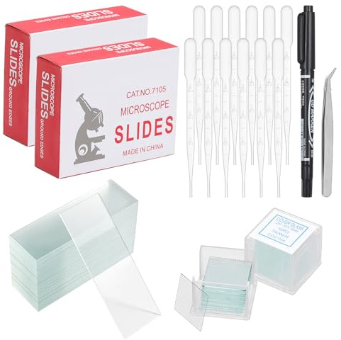 300 Pcs Pre-Cleaned Microscope Slides Set 100 Pcs prepared Microscope Slide and 200 Pcs Cover Slips Glass Blood Slides with 10 Plastic 3ml Droppers Suitable for Laboratories Schools