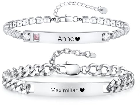 Personalisiertes Paar Armband mit Gravur Partner Armbänder Damen Herren | Herz Pärchen Schmuck Silber Gold, Individuell Graviertes Geschenk für Paare, Weihnachten Valentinstag Vatertag