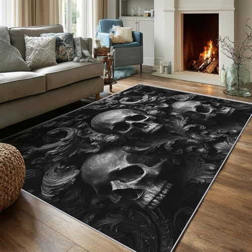 VIXENIUM Totenkopf Teppich 100 x 150 cm Wohnzimmer Mit Goth 3D Jacquard Cool Muster, Totenkopf Bettvorleger Schlafzimmer Deko, Waschbar Teppiche Gegend Kurzflor rutschfest