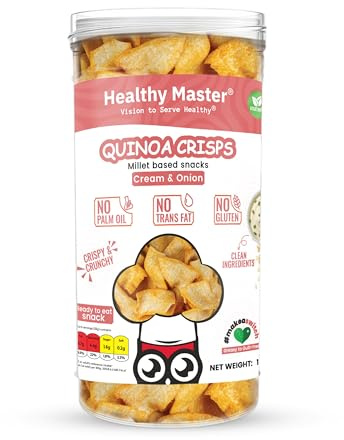 Healthy Master Quinoa Chips and Onion Oven-Baked Gluten-Free High Protein and Fibre Healthy Crisps (pack of 1), Cream, 150g