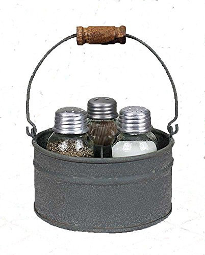 Primitiva Industrial galvanizado cubo Mason tarro de sal pimienta & Tooth Pick Caddy