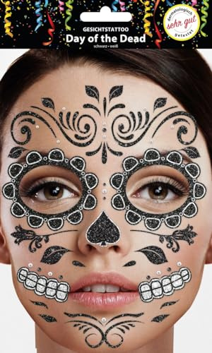 Gesichts-Tattoo - Glitzer Aufkleber Klebetattoos (Day of Dead Schwarz Weiß) | Der Day-of-the-Dead-Look entsteht ohne zeitaufwendiges Schminken und setzt das Motiv direkt im Gesichtsbereich in Szene.