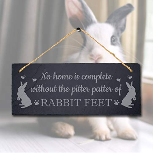 Stukk No Home Complete Without Pitter Patter Rabbit Hanging Bunny Sign, Natural Engraved Slate Stone Plaque, 30x12cm