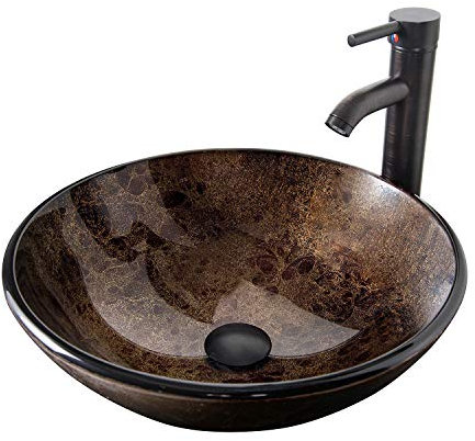 YU YUSING Lavabo Rond en Verre avec Robinet, Vasque à Poser, Lave-Mains, pour Salle de Bain, Cuisine, Toilette, WC d'invités, Marron Moderne, 42 x 42 x 14 cm