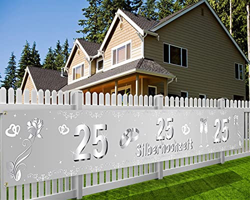 DPKOW 25. Jubiläum Banner für Silberhochzeit Deko, Stoff Banner für Silberpaar 25. Hochzeitstag Deko für Garten Tisch Mauer Innen Außen, Silberne Hochzeit Feier Zubehör, 270 * 35cm