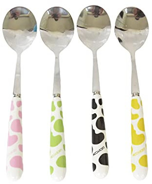 DragonX2 Ceramic Handle Stainless Steel Dessert Spoon Handles Cutlery Spoons Long Cow Pattern Tableware Coffee Spoon, (4pc) (84D0118)