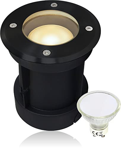 LEDFULL® LED Bodeneinbaustrahler schwenkbar für Aussen in Schwarz - IP67 Wasserdicht & Befahrbar Set inkl. 5W GU10 230V Spot Warmweiß/Runder Garten Bodenstrahler