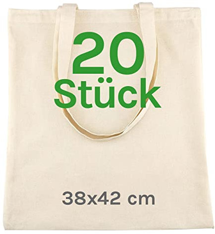 Stoffbeutel Unbedruckt - Stofftasche Zum Bemalen - Baumwolltasche 100% B35 x H42 - Tragetasche Canvas 140 g/m2 Jutebeutel - Einkaufstasche Lange Henkel 70cm - Einkaufsbeutel - 20 stück